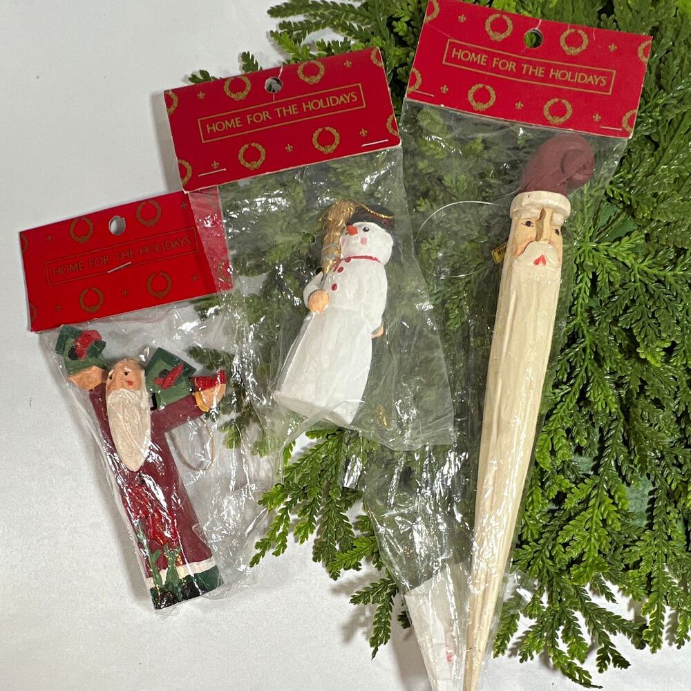 Vintage Home for the Holidays Wood? Ornaments Set of 3 Santa Snowman Christmas